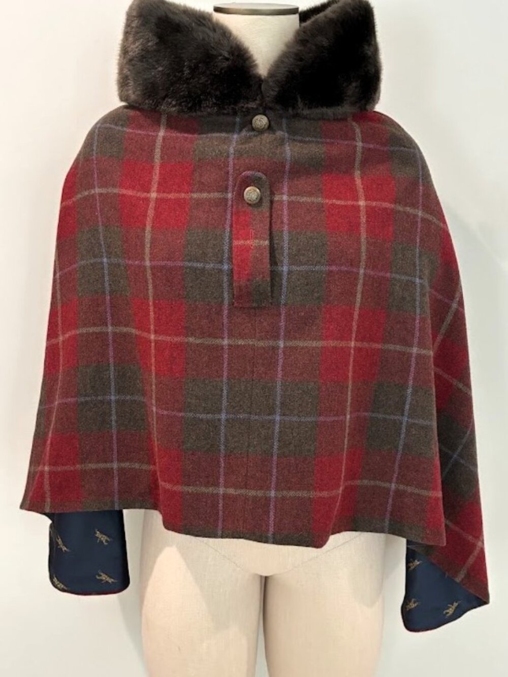 Joules Tweed with a Twist Hazelwood Wool Cape Faux Fur Collar Plaid Poncho OS